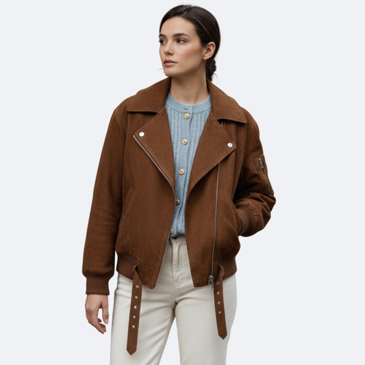 Damska oversize kurtka motocyklowa z miękkiego zamszu ekologicznego