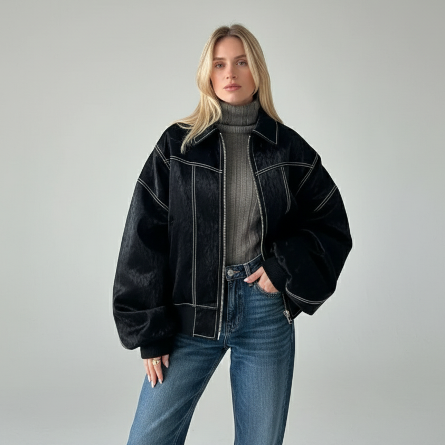 Damska oversize’owa kurtka ze ściegiem