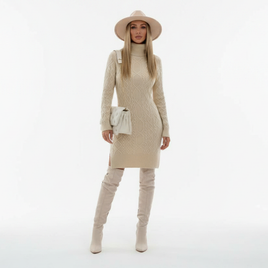 Damska sukienka z golfem o splocie warkoczowym