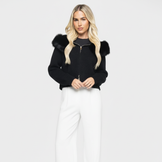 Damski dzianinowy kardigan z imitacji futra