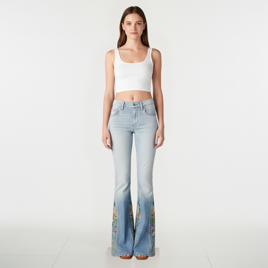 Damskie dżinsy z haftem i rozszerzaną nogawką
