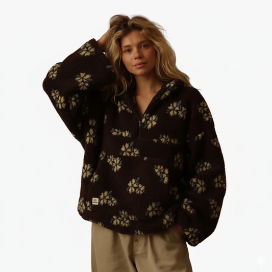 Damska polarowa bluza w kwiaty z krótkim zamkiem
