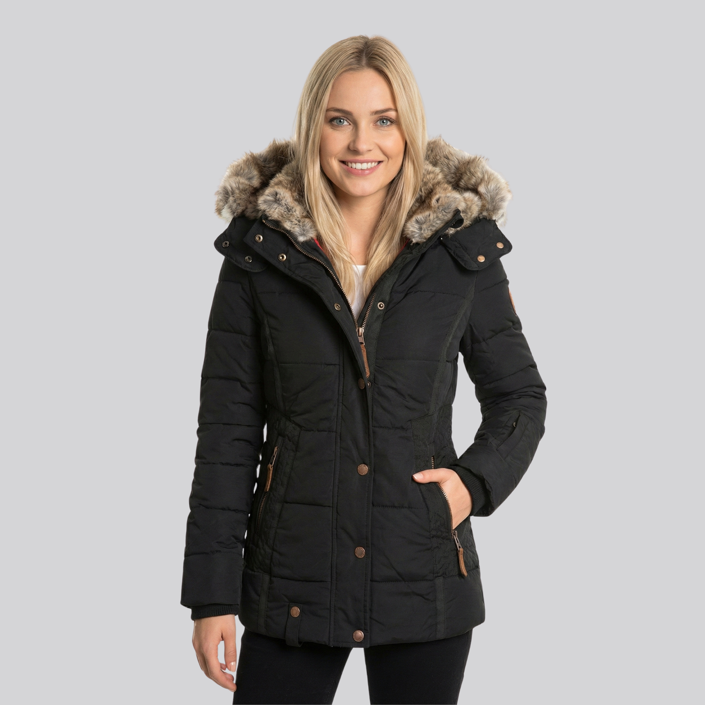 Damski pikowany płaszcz z futerkową podszewką