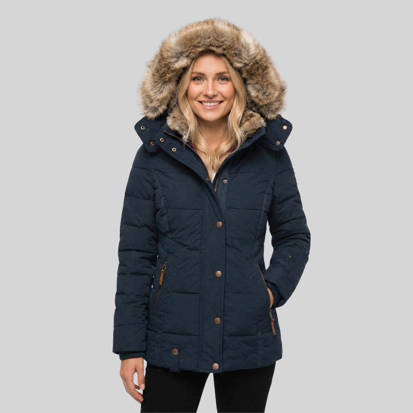 Damski pikowany płaszcz z futerkową podszewką