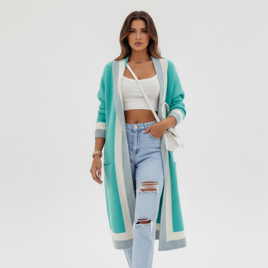 Damski długi kardigan w blokach kolorów