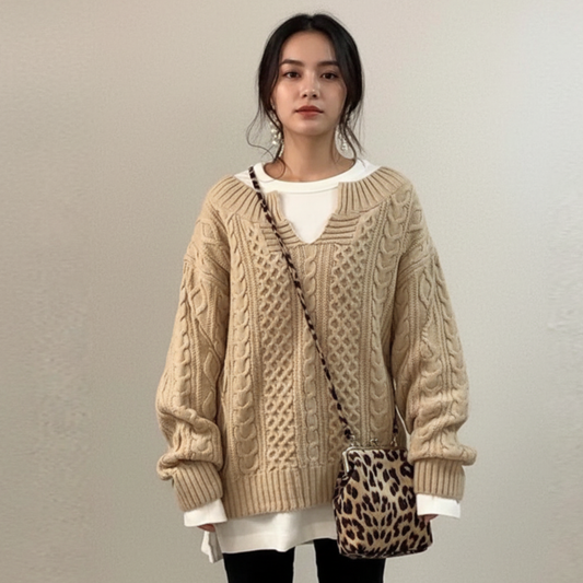 Damski oversize’owy sweter o warkoczowym splocie