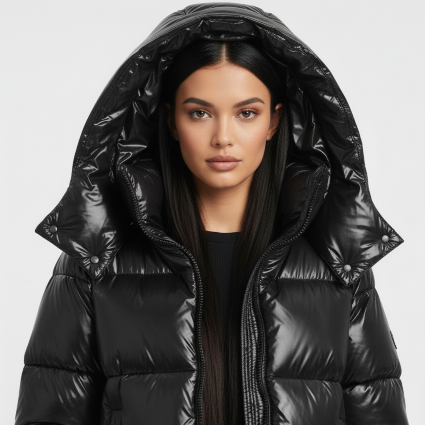 Błyszczący pikowany płaszcz z kapturem