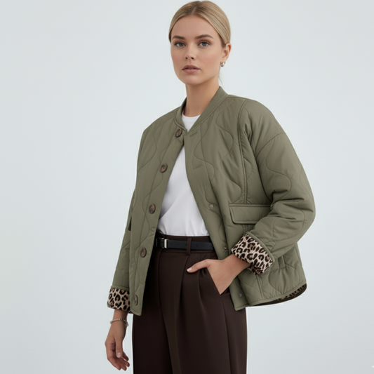 Pikowana kurtka z lamówką w panterkę