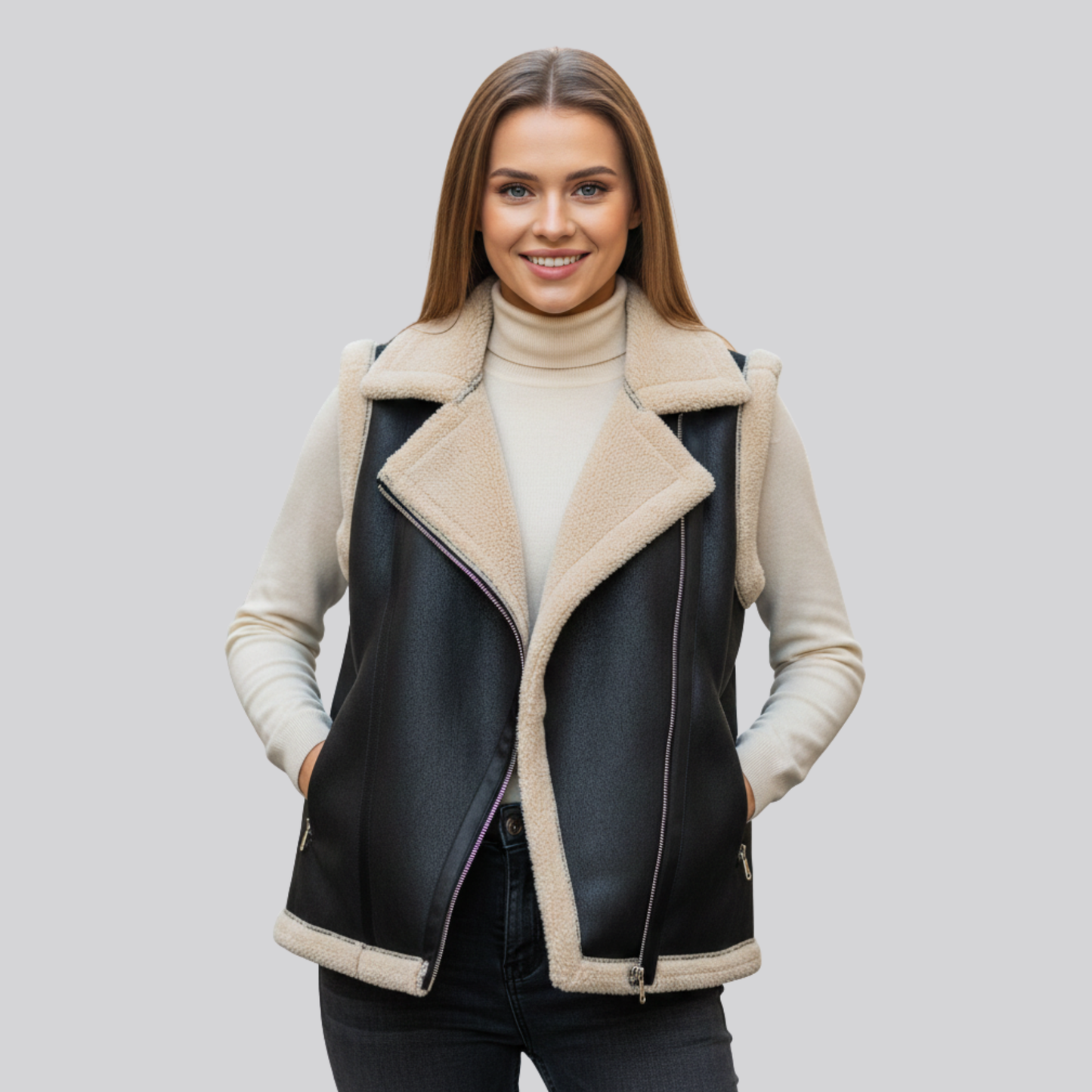 Damska kamizelka biker z kożuszkiem