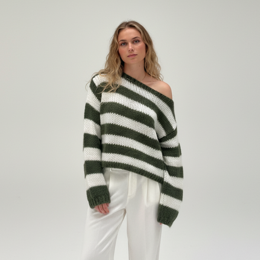 Damska dzianinowa bluzka w paski odsłaniająca ramiona