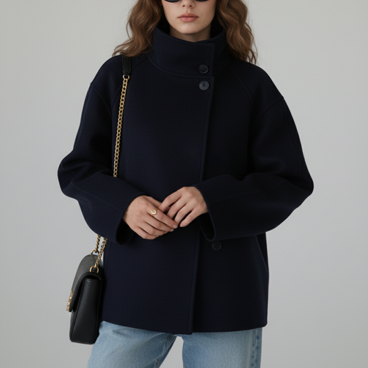 Dwurzędowy krótki płaszcz z wełny