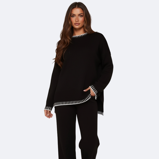 Damski komplet dzianinowy z kontrastowymi wykończeniami
